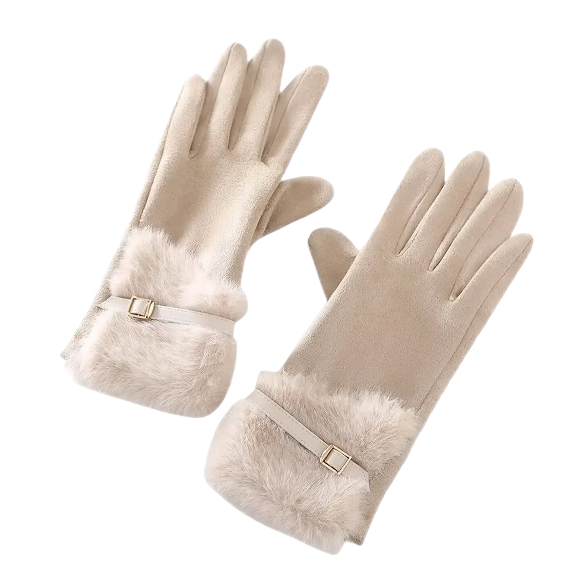 Beige womens touchscreen winter gloves with faux fur lining, fleece interior, matte finish, and silver buckle accents