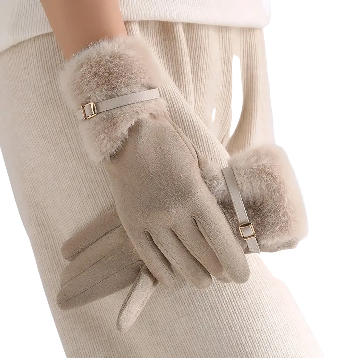 Beige women’s touchscreen winter gloves with faux fur lining, sleek suede texture, and gold-tone buckle accents