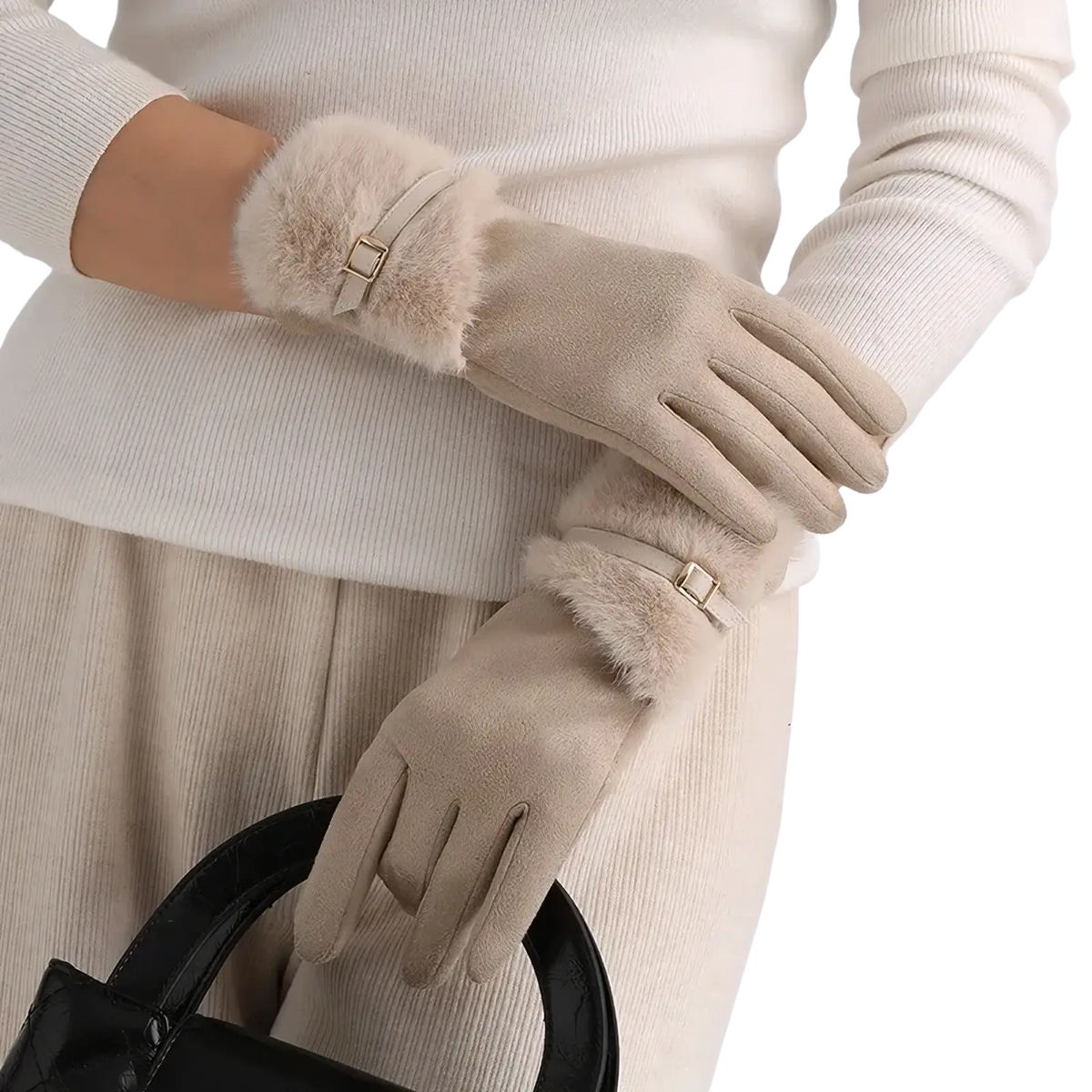 Beige women’s touchscreen winter gloves with suede texture, faux fur lining, and gold-tone buckle accents