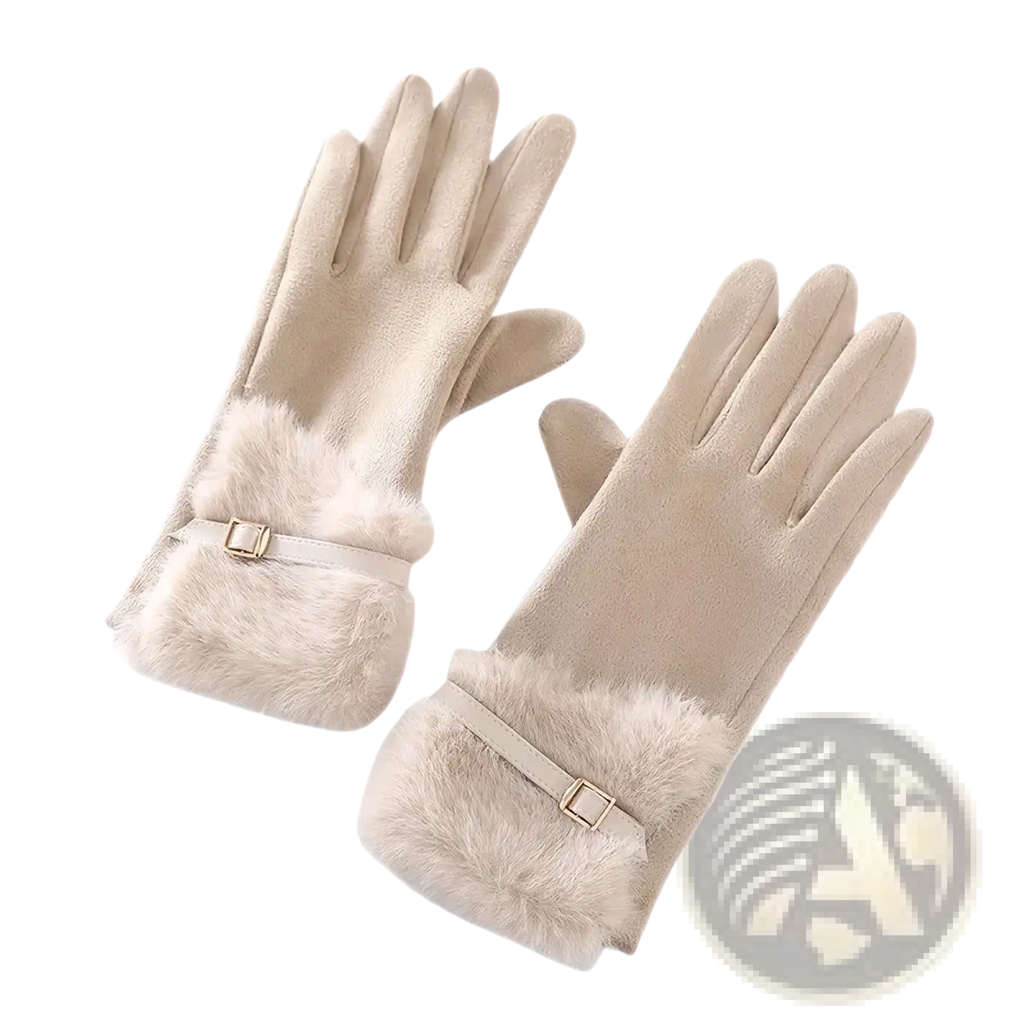Beige women’s touchscreen winter gloves with faux fur lining, suede exterior, and gold-tone buckle detailing visible from back side