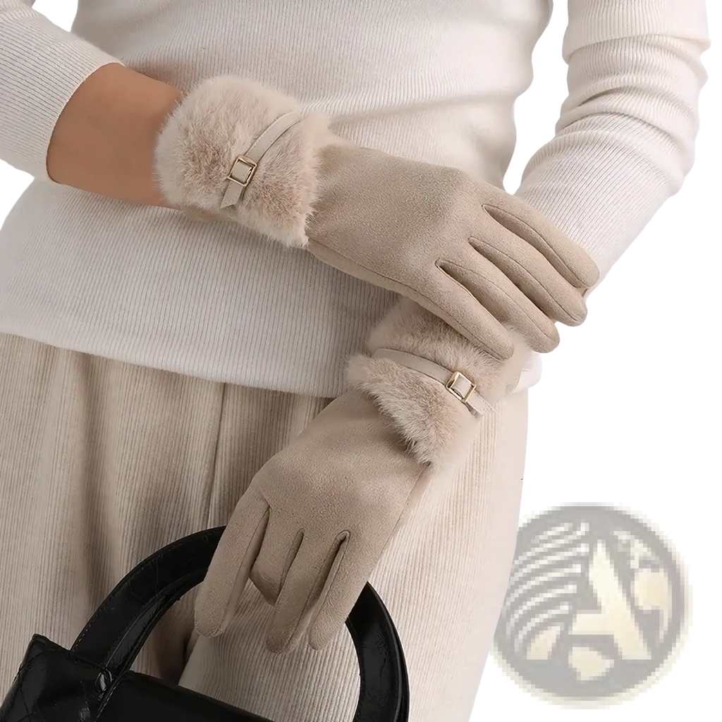 Beige women’s touchscreen winter gloves with suede texture, faux fur lining, and gold-tone buckle accents