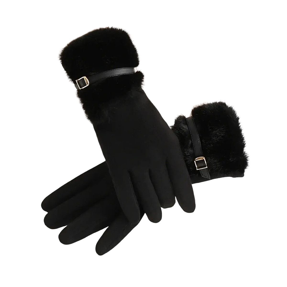 Black touchscreen winter gloves with plush fur cuffs fleece lined and silver-toned buckle straps visible from back side