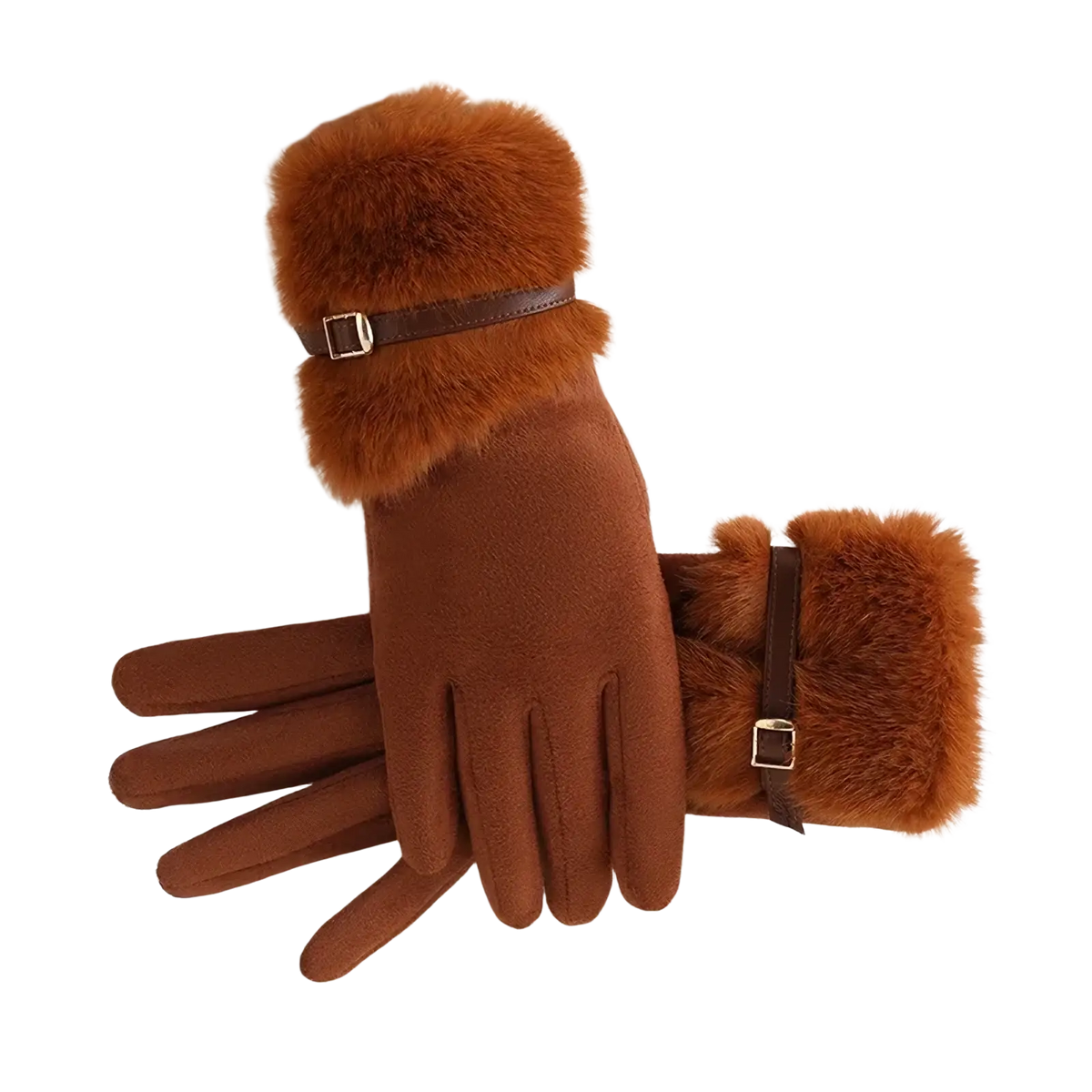 Women’s touchscreen winter gloves brown suede with faux fur lining and adjustable leather strap accents shown from back side