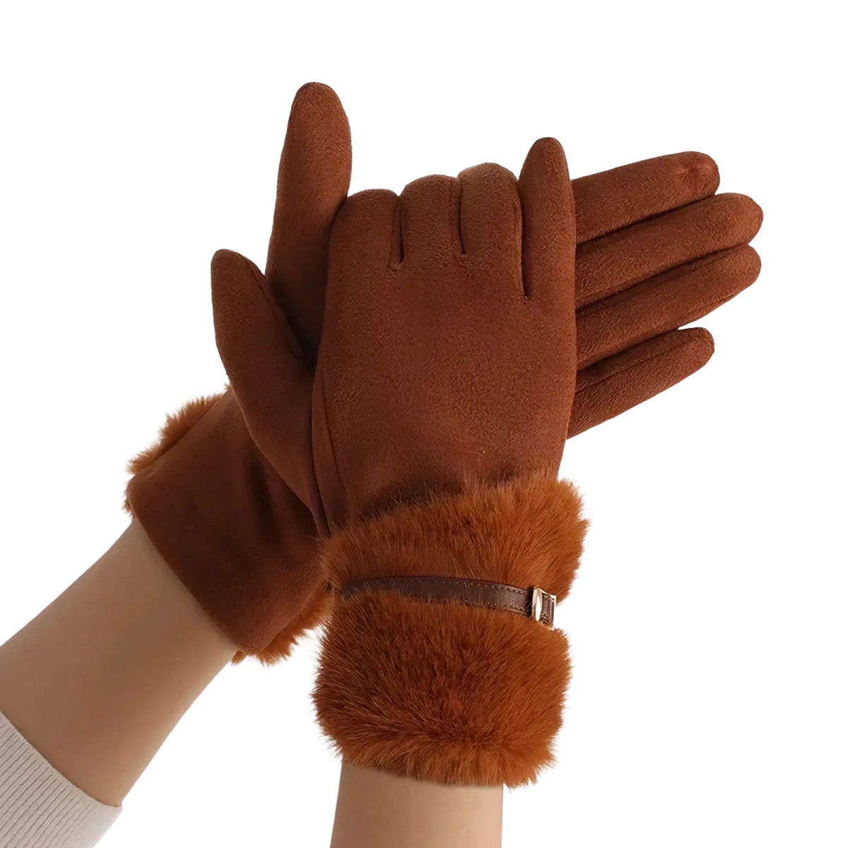 Brown womens touchscreen winter gloves fleece lined with faux fur lining and leather strap buckle at the wrist back view