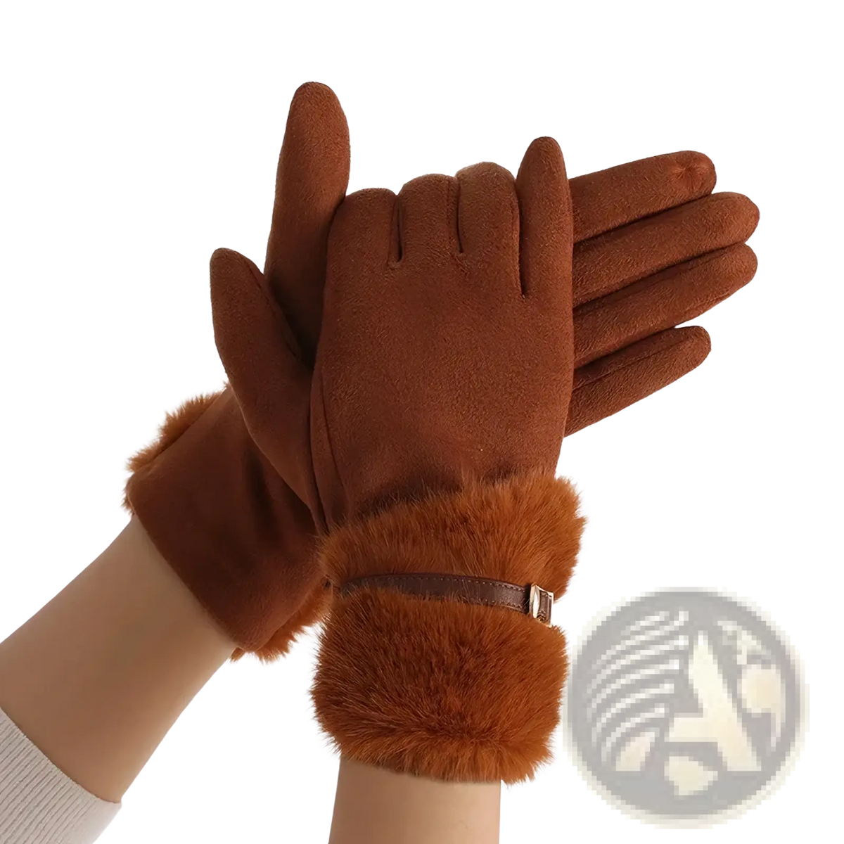 Brown womens touchscreen winter gloves fleece lined with faux fur lining and leather strap buckle at the wrist back view