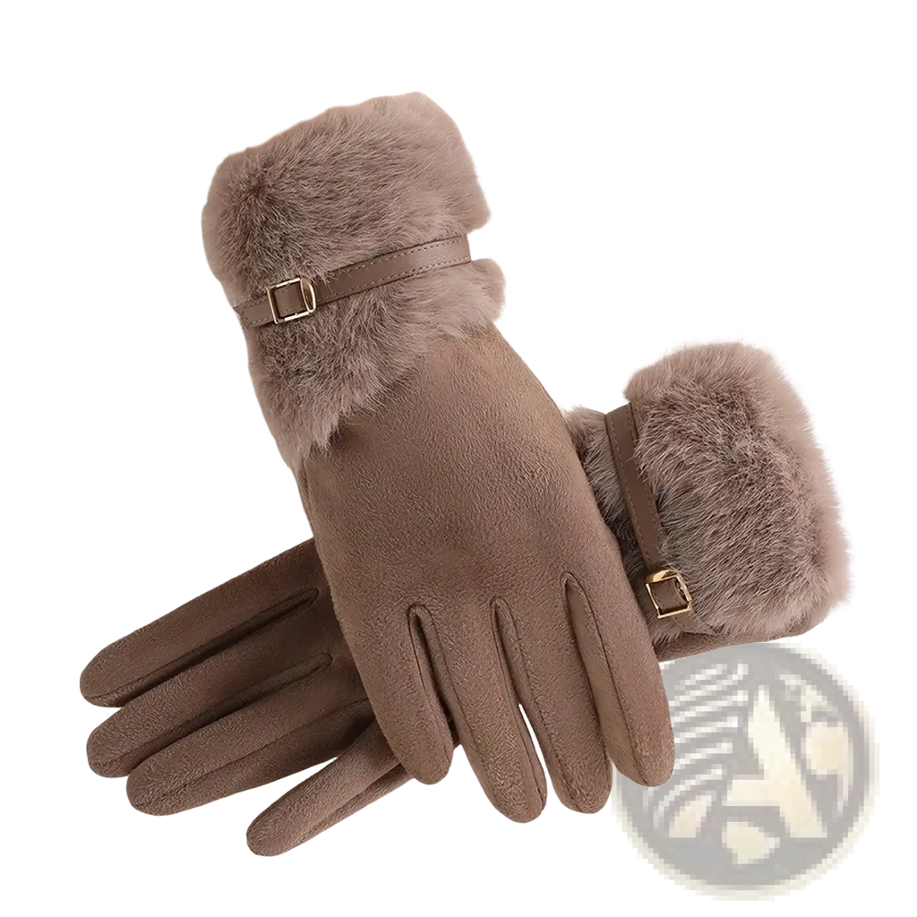 Beige women’s touchscreen winter gloves with fleece lining, faux fur trim, suede texture, and gold-tone buckle accents