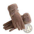 Beige women’s touchscreen winter gloves with fleece lining, faux fur trim, suede texture, and gold-tone buckle accents