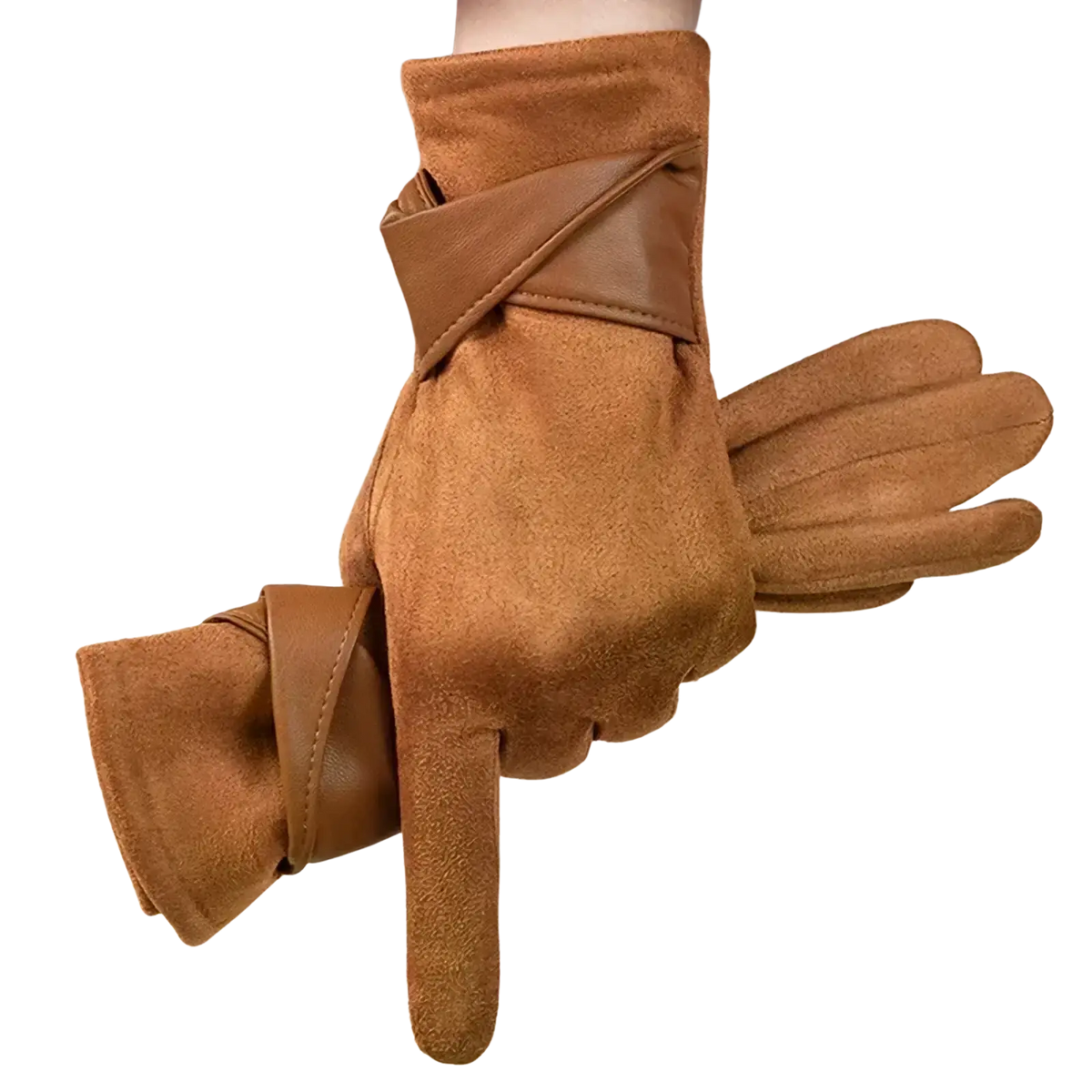 Tan suede women’s touchscreen winter gloves with smooth leather wrist strap for cold weather use