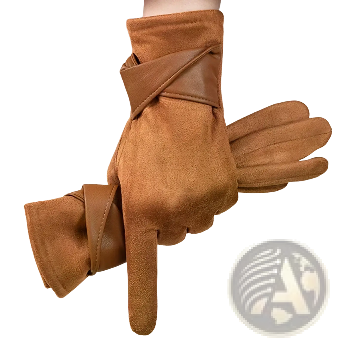 Tan suede women’s touchscreen winter gloves with smooth leather strap visible on the back side of the wrist