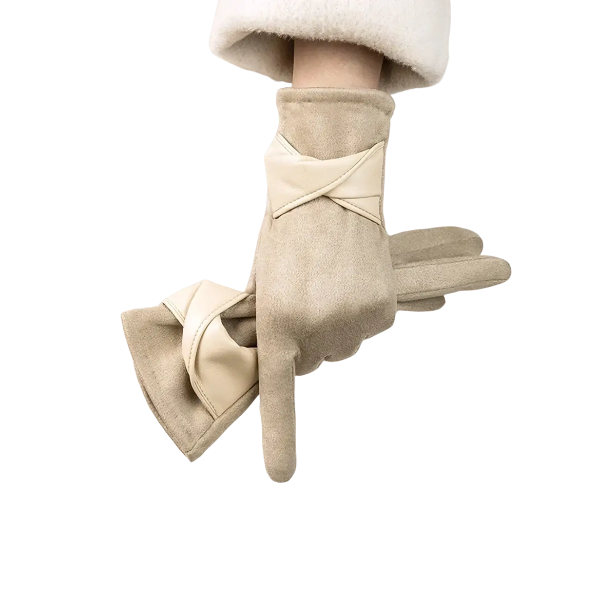 Beige suede women’s touchscreen winter gloves with cream leather cross straps at wrist and cuff shown from back side