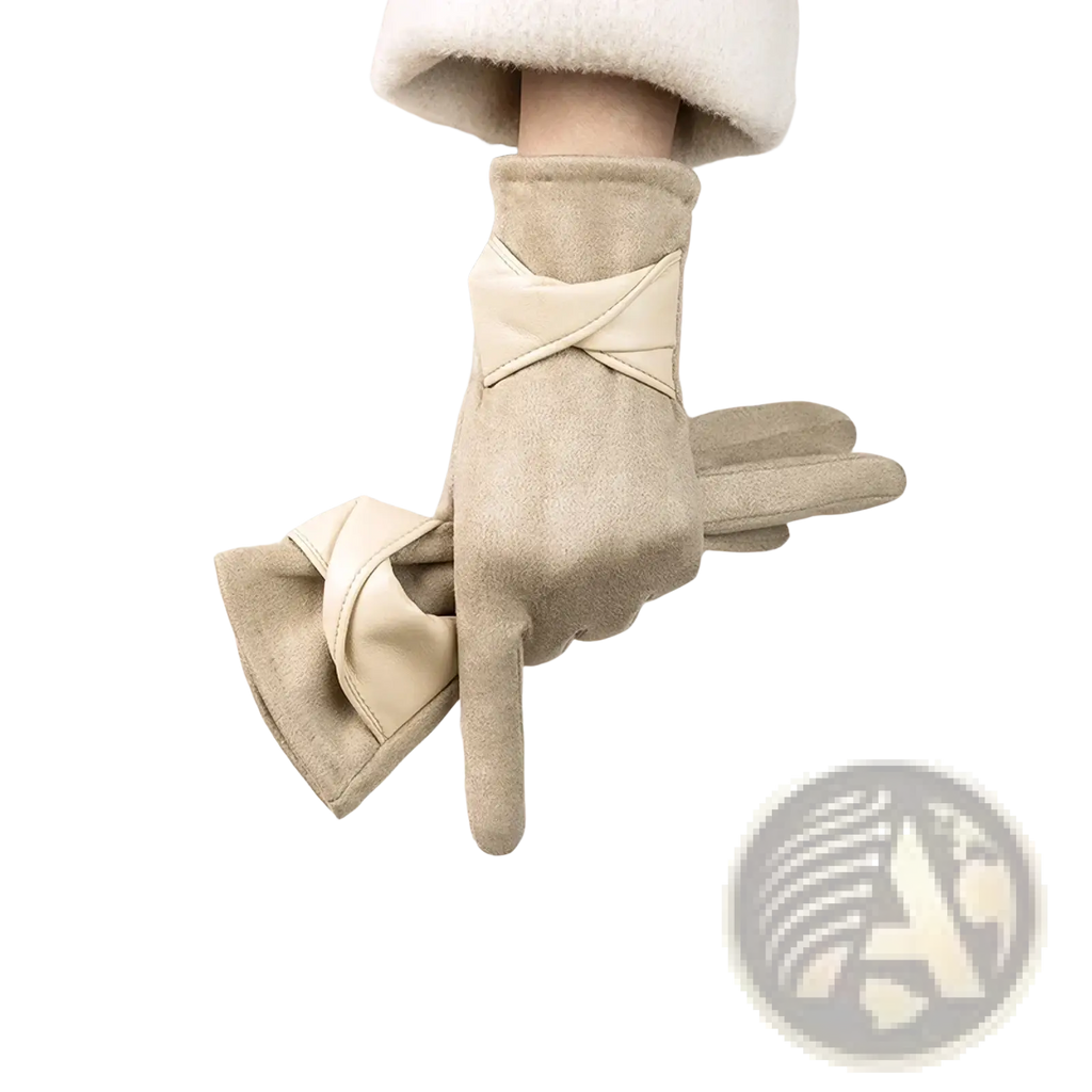 Beige suede women’s touchscreen winter gloves with cream leather cross straps at wrist and cuff shown from back side