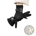 Black women’s touchscreen winter gloves with thermal suede body and shiny leather straps knot detail at the wrist back view