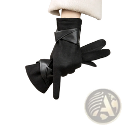 Black women’s touchscreen winter gloves with thermal suede body and shiny leather straps knot detail at the wrist back view