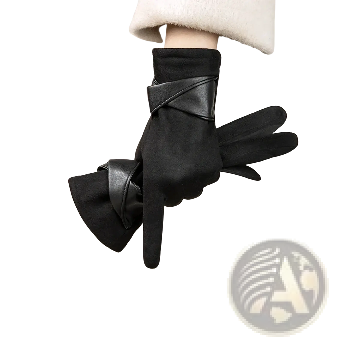 Back side of black women’s touchscreen winter gloves with thermal suede body and smooth leather x-shaped strap accents