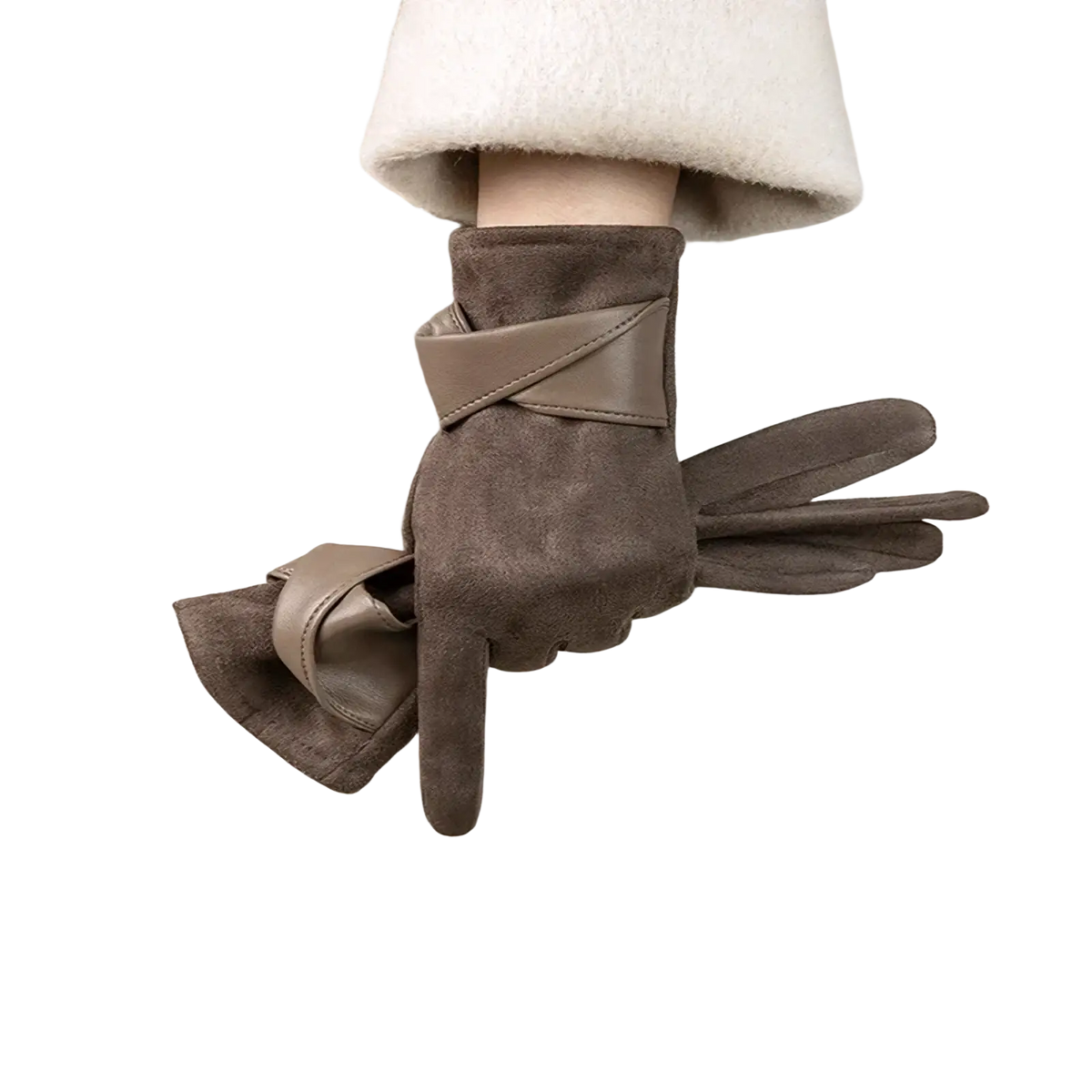 Women’s touchscreen winter gloves in brown suede with a tan leather wrist strap designed for warmth and breathability backs view