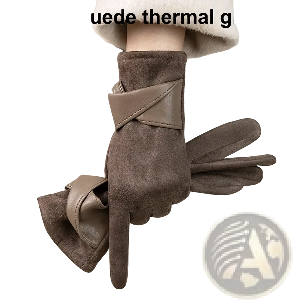 Brown faux suede thermal women’s touchscreen winter gloves with a sleek cross-banded wrist design showing back side