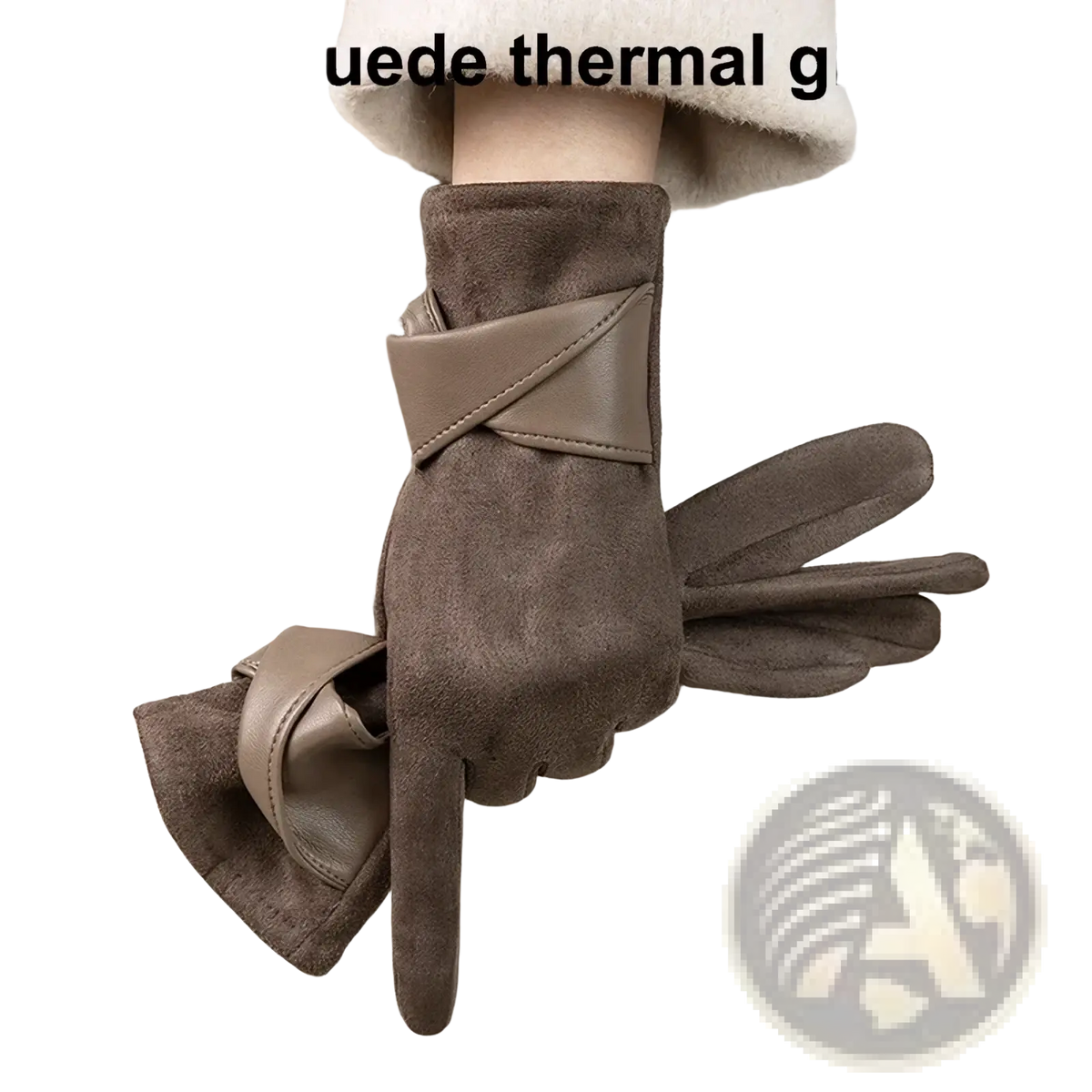 Brown faux suede thermal women’s touchscreen winter gloves with a sleek cross-banded wrist design showing back side