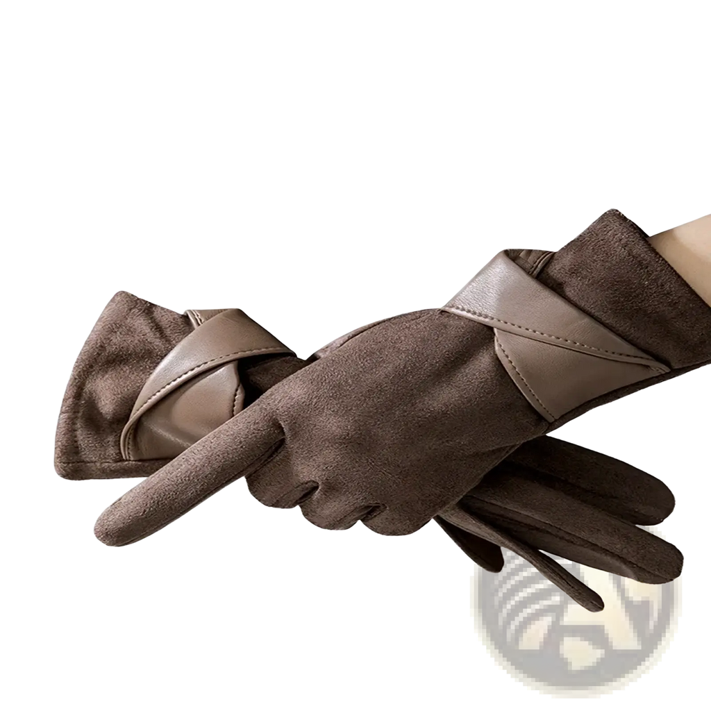 Women’s touchscreen winter gloves in brown faux fur with light brown leather strap for thermal suede warmth