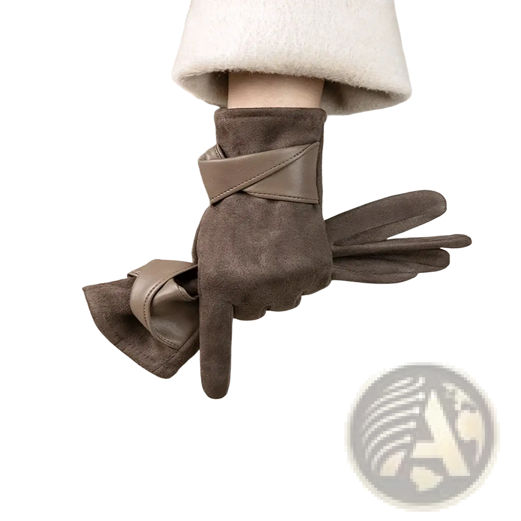 Women’s touchscreen winter gloves in brown suede with a tan leather wrist strap designed for warmth and breathability backs view