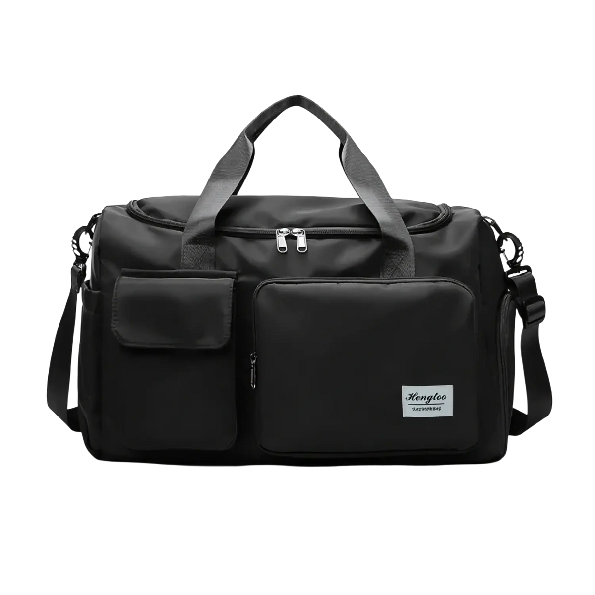 Black kanglee duffel bag with multiple zippered compartments and shoulder strap for women’s travel and gym use
