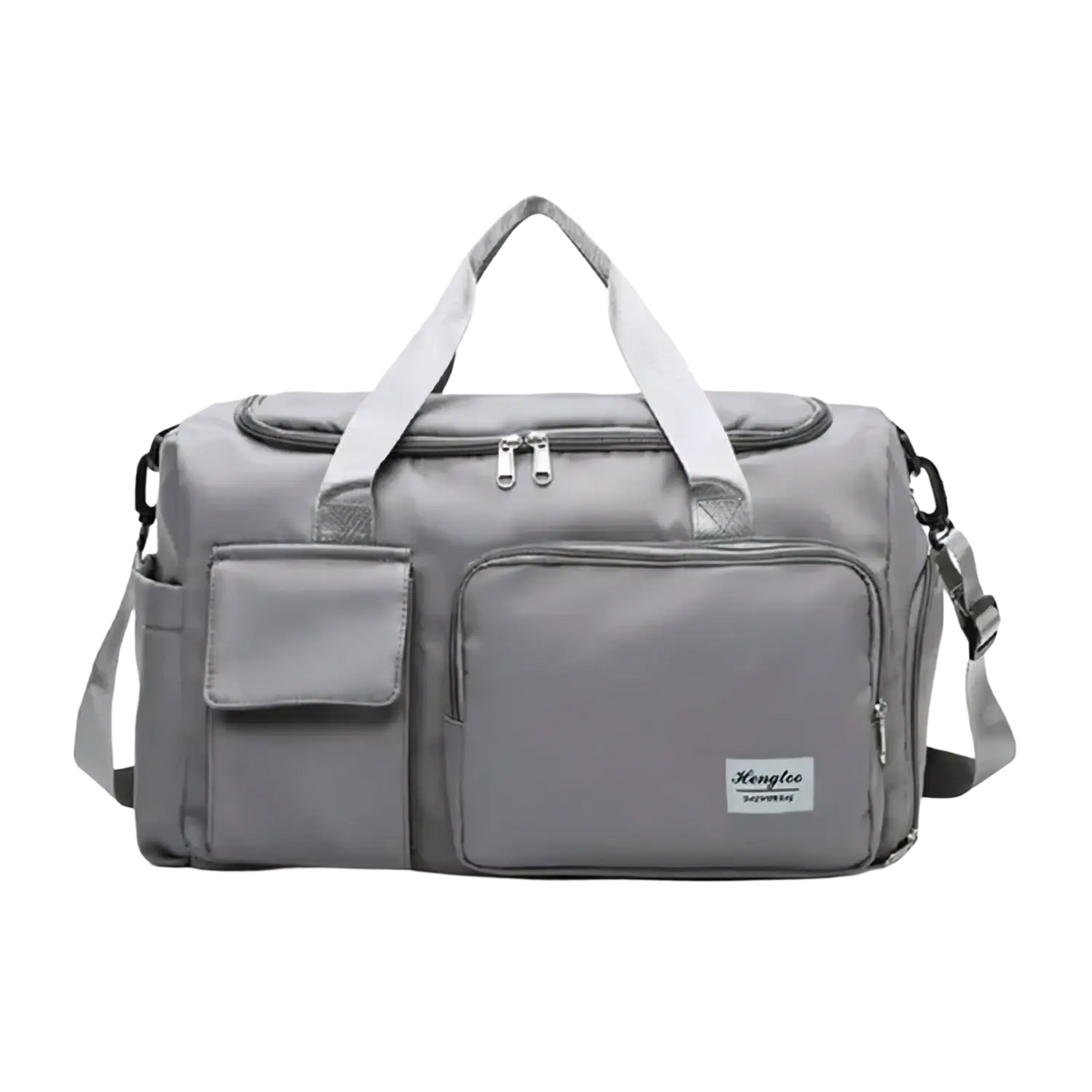 Gray kenglee large capacity women’s travel duffle bag with white handles and detachable shoulder strap for gym use