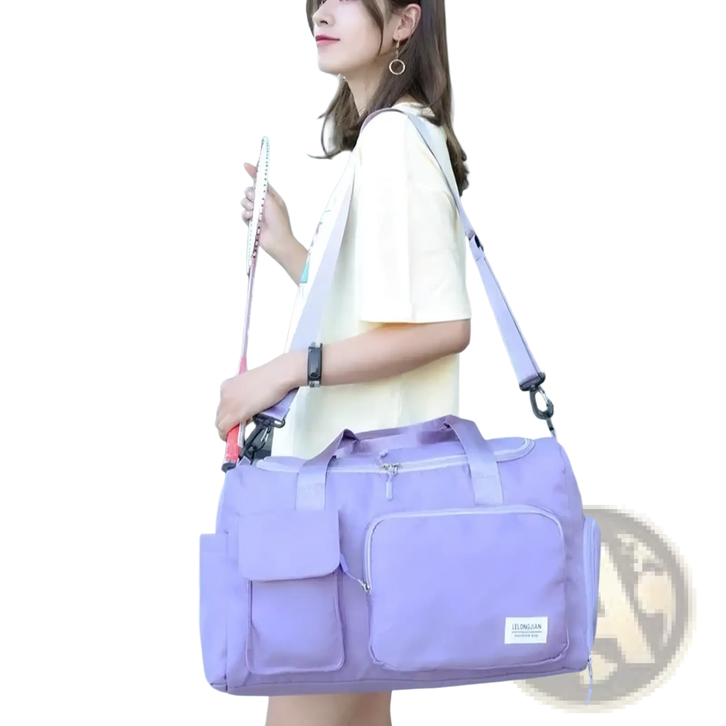 Lavender nylon women’s travel duffle bag with large capacity, multiple pockets, and adjustable shoulder strap