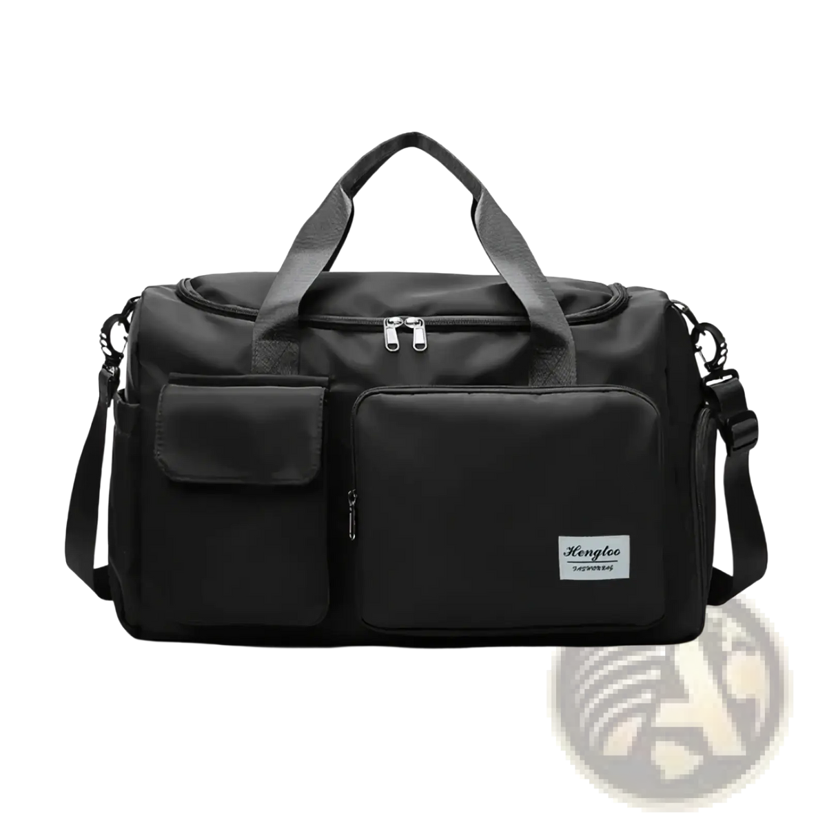Black kanglee duffel bag with multiple zippered compartments and shoulder strap for women’s travel and gym use