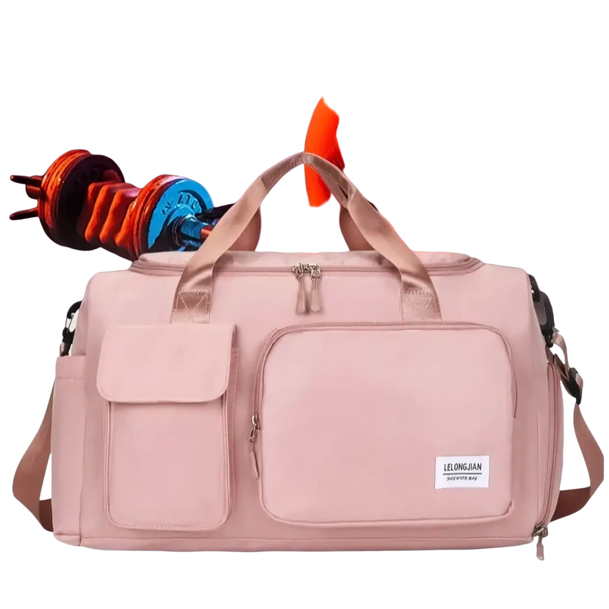 Women’s travel duffle bag large capacity soft pink durable fabric gym bag with multiple zippered compartments and brand label