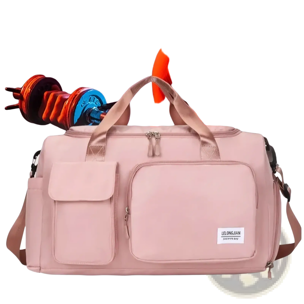 Women’s travel duffle bag large capacity soft pink durable fabric gym bag with multiple zippered compartments and brand label
