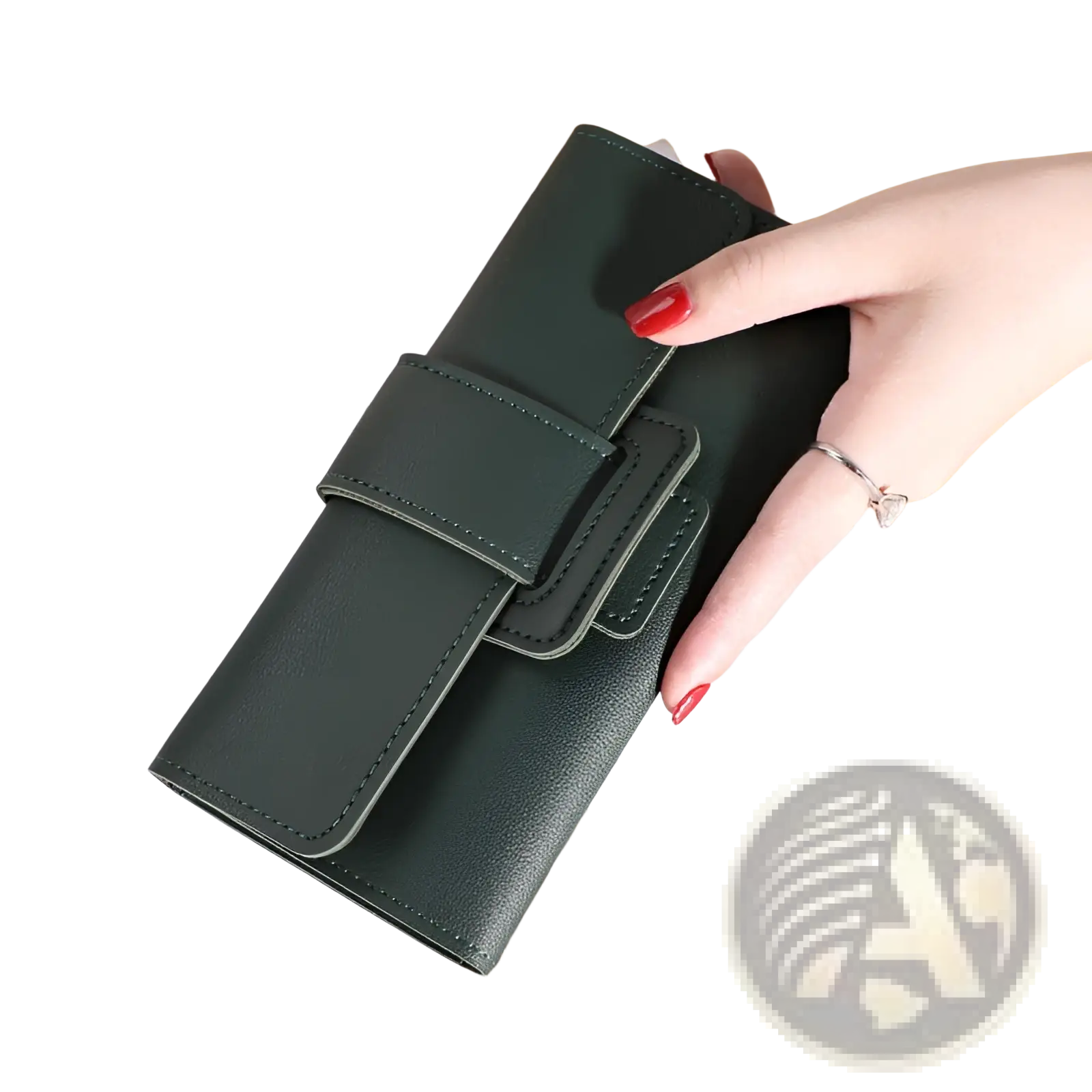 Dark green leather women’s tri-fold clutch wallet with flap closure and visible stitching featuring card slots