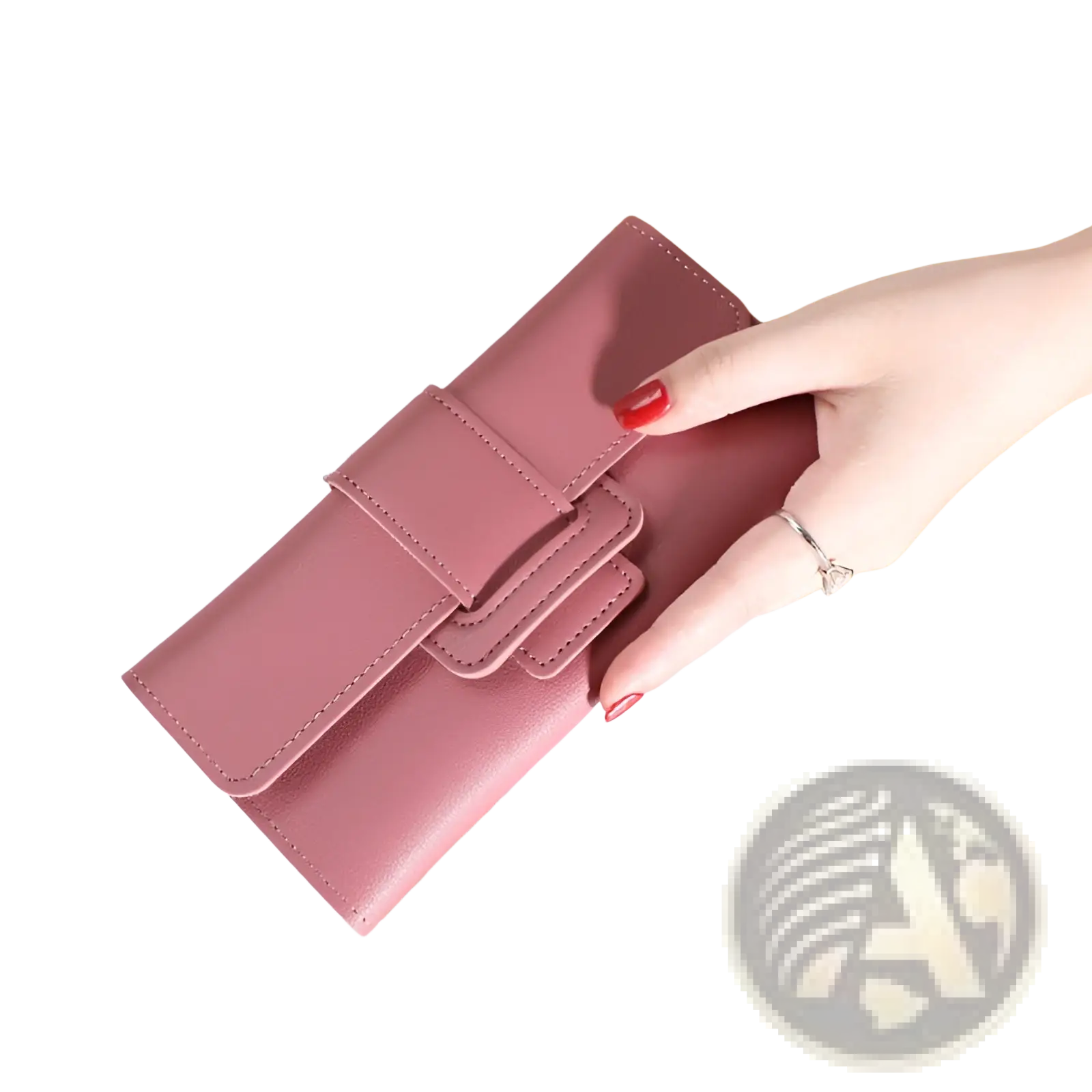 A pink leather women’s tri-fold clutch wallet with flap closure and visible stitching and card slots