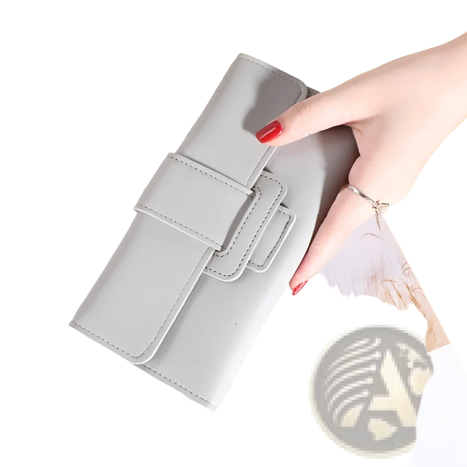 Light gray tri fold leather clutch wallet with flap closure and stitched detailing designed for women’s card slots