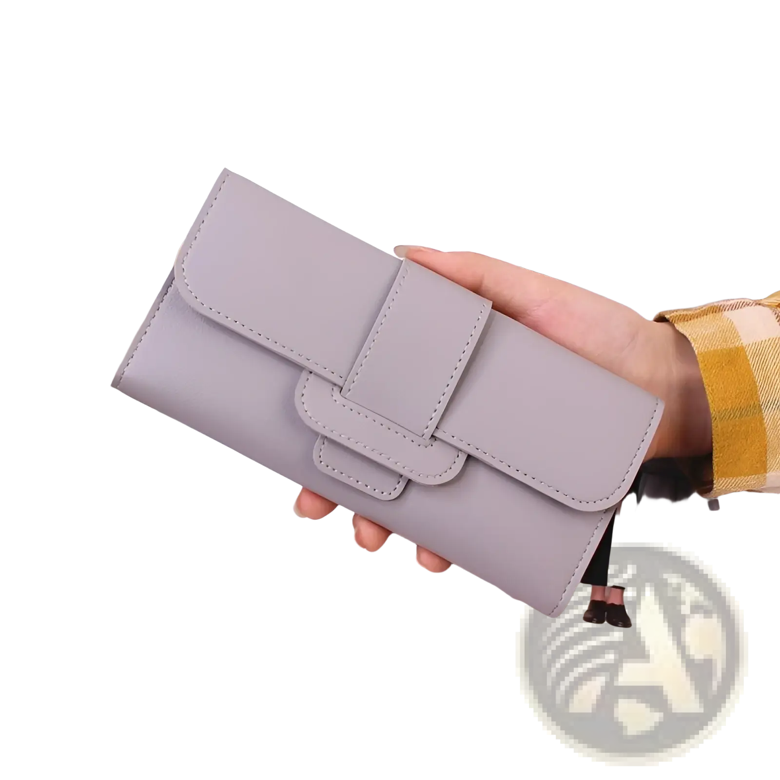 Gray leather women’s tri-fold clutch wallet with minimalist flap closure and neat stitching for organized card storage