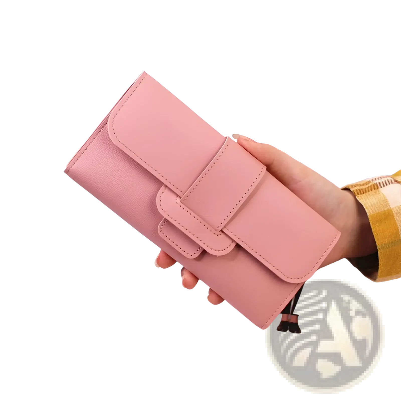 A soft pink women’s tri-fold leather clutch wallet with textured flap closure and stitched detailing