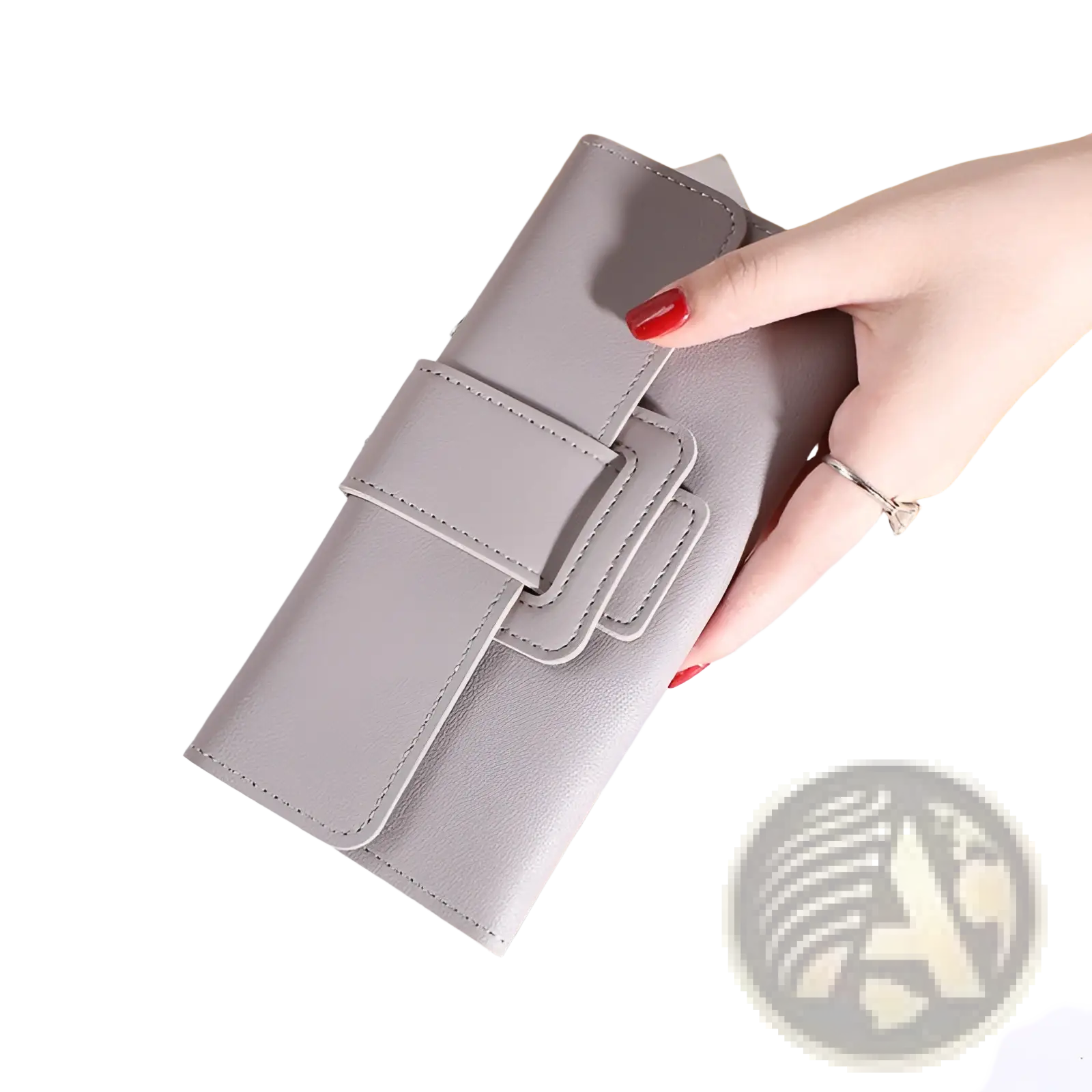 Women’s tri-fold leather clutch wallet in sleek light gray with minimalist flap closure and precise stitching