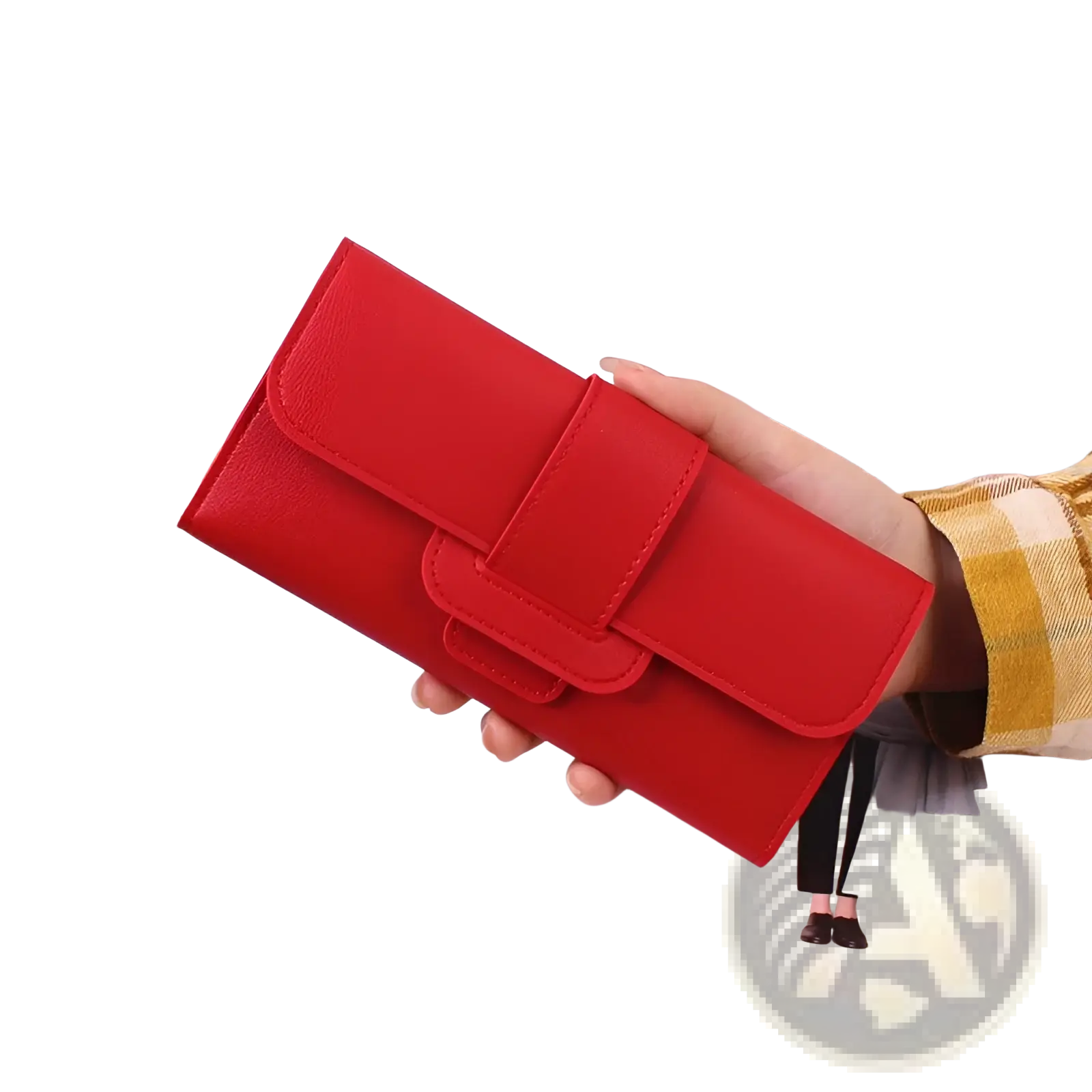 A vibrant red women’s tri-fold leather clutch wallet with card slots and flap closure secured by fabric straps