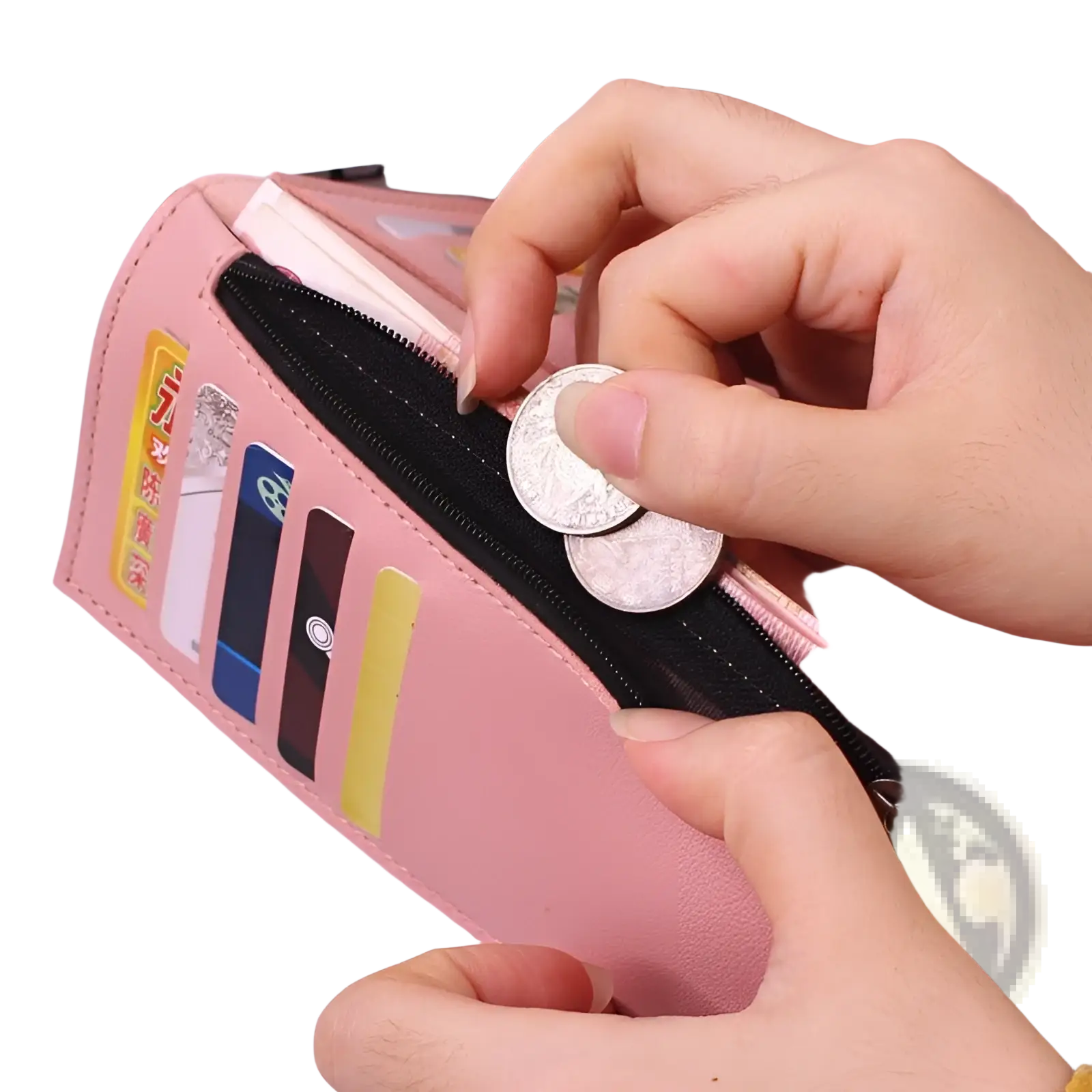 Women’s tri-fold leather clutch wallet in pink with black zipper and multiple card slots for organized storage
