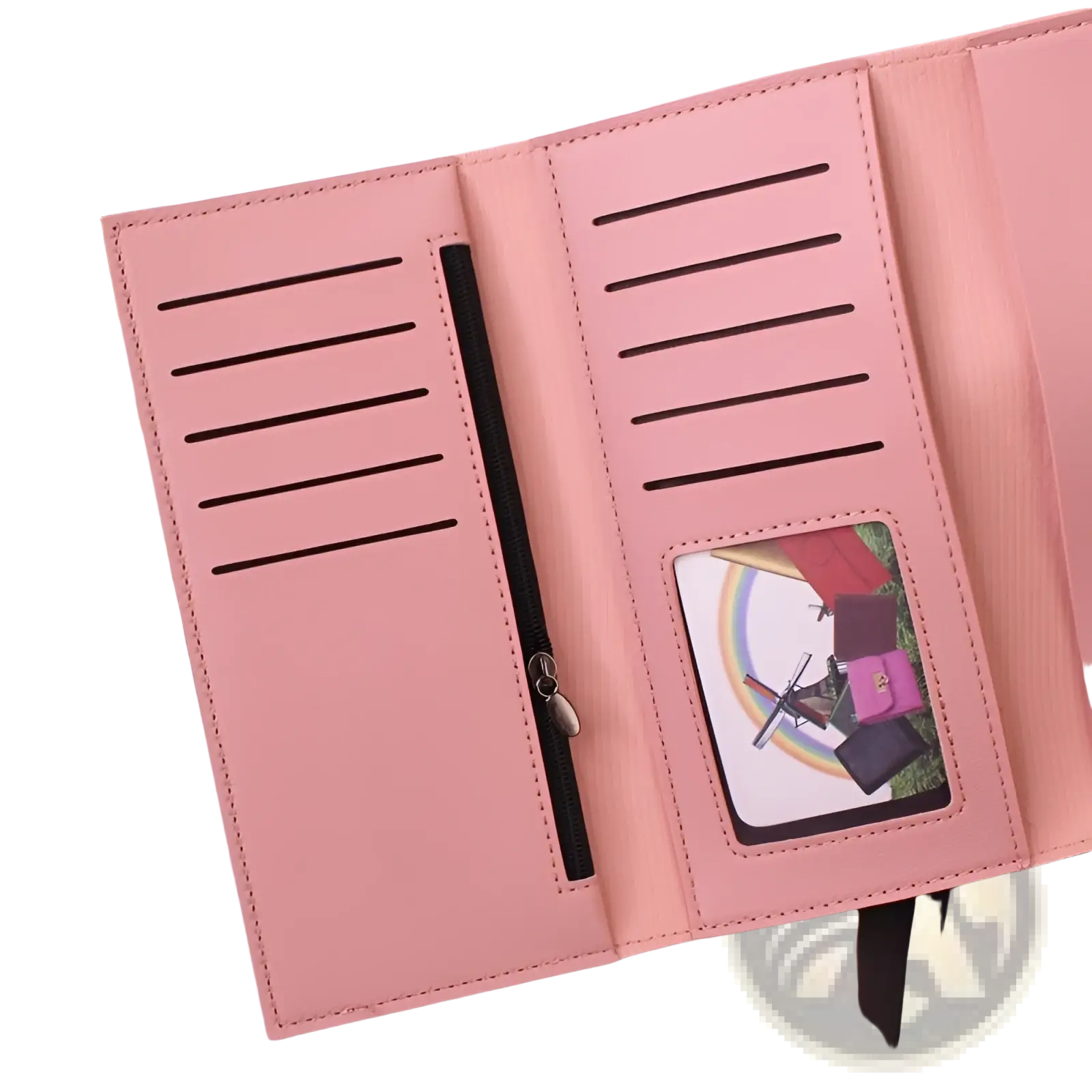 Women’s tri-fold leather clutch wallet in pink faux leather with black zipper and clear window card slot