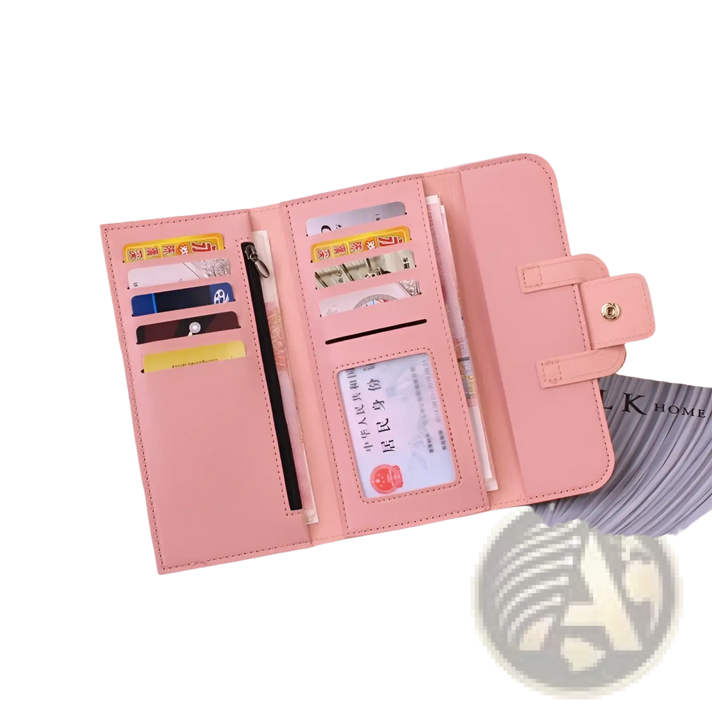 Pink leather women’s tri-fold clutch wallet with multiple card slots zipper compartment and snap-button closure