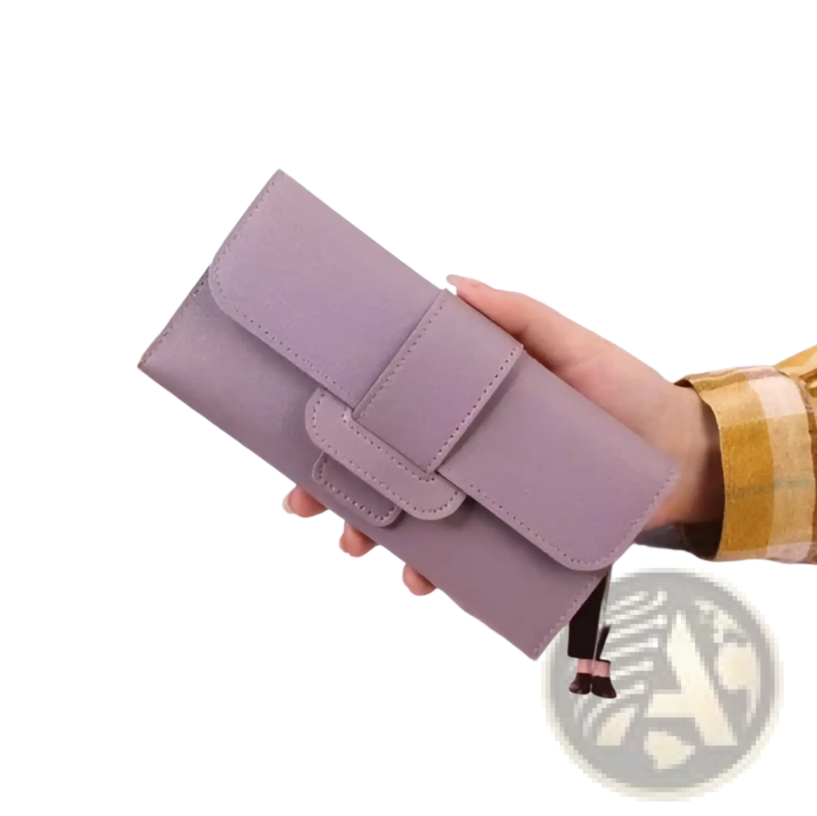 Women’s tri-fold leather clutch wallet in soft lavender with minimalist design and subtle stitching details