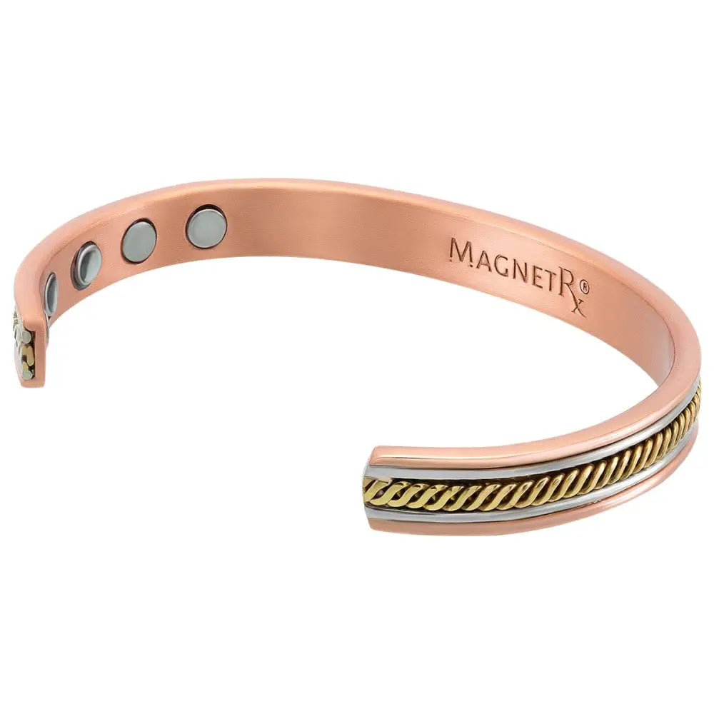 Rose gold twisted copper magnetic therapy bangle with twisted rope design and silver-toned accent band