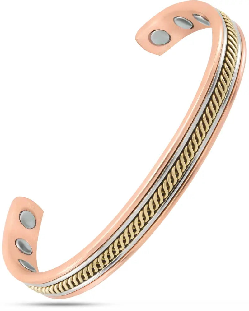 Rose gold twisted copper magnetic therapy bangle with a twisted rope design and silver-toned accent bands