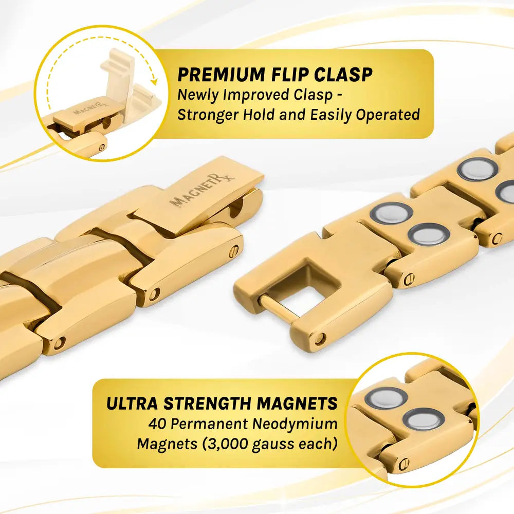 Women’s gold titanium magnet therapy bracelet with gold-toned interlocking links and embedded neodymium magnets