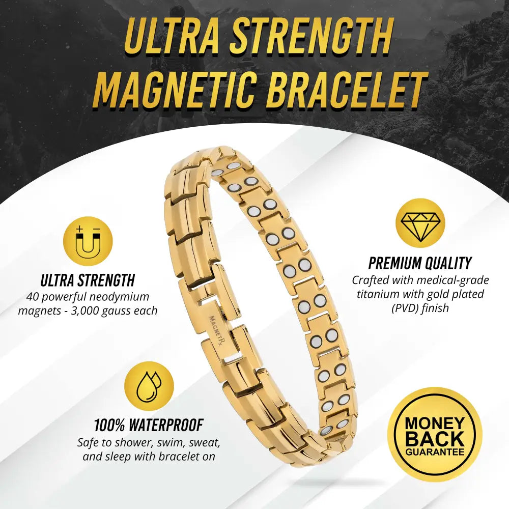 Women’s gold titanium magnetic therapy bracelet with 40 neodymium magnets embedded in each gold-plated link