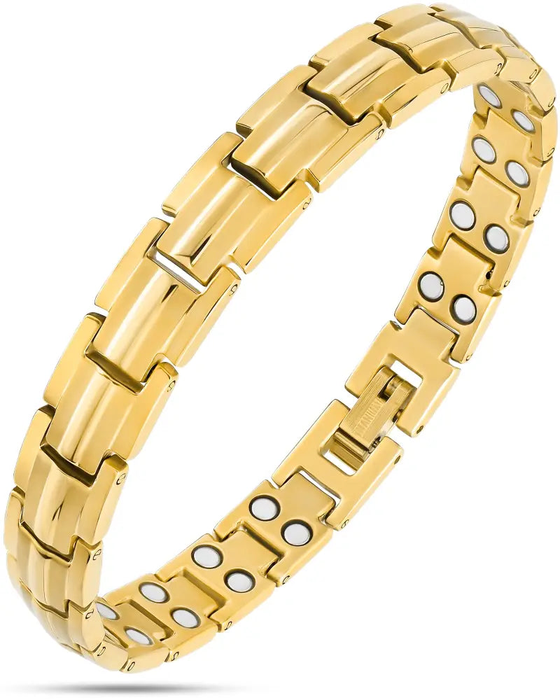 Women’s gold titanium magnet therapy bracelet with interlocking links and embedded white circular magnets