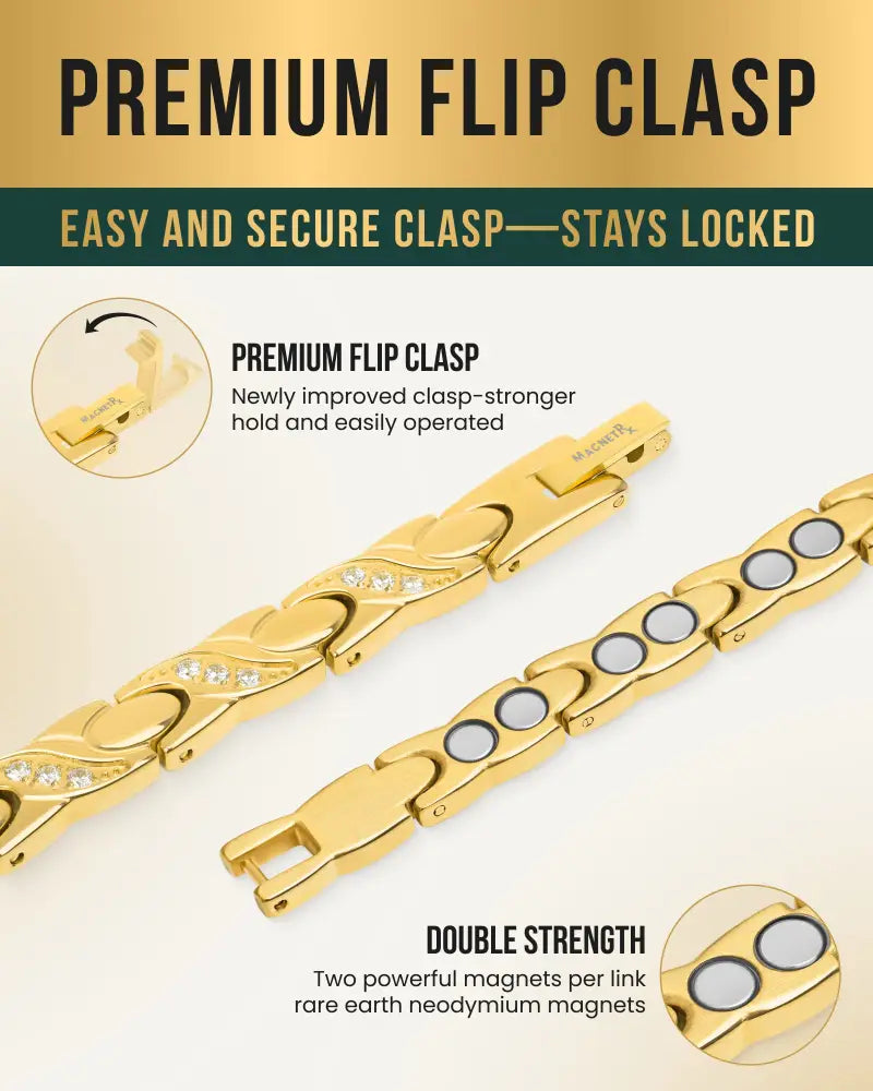 Gold crystal xo magnetic stainless steel bracelet with gold-colored interlocking links featuring crystals and circular magnets