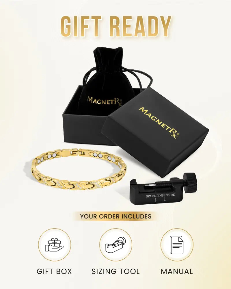 Gold crystal xo magnetic stainless steel bracelet with gold-colored sleek interlocking design and polished finish