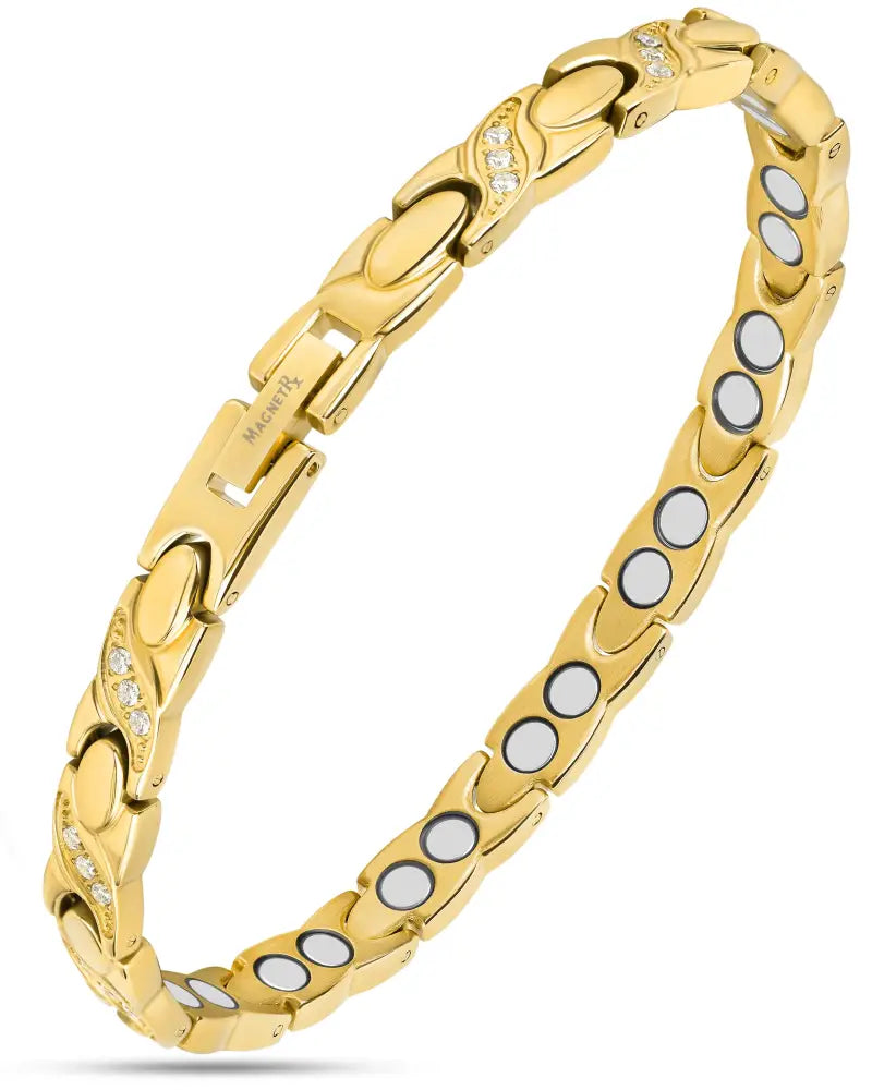 Gold crystal xo magnetic stainless steel bracelet in gold tone with oval links featuring clear stones and white magnets