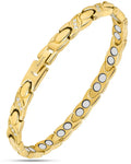 Gold crystal xo magnetic stainless steel bracelet in gold tone with oval links featuring clear stones and white magnets