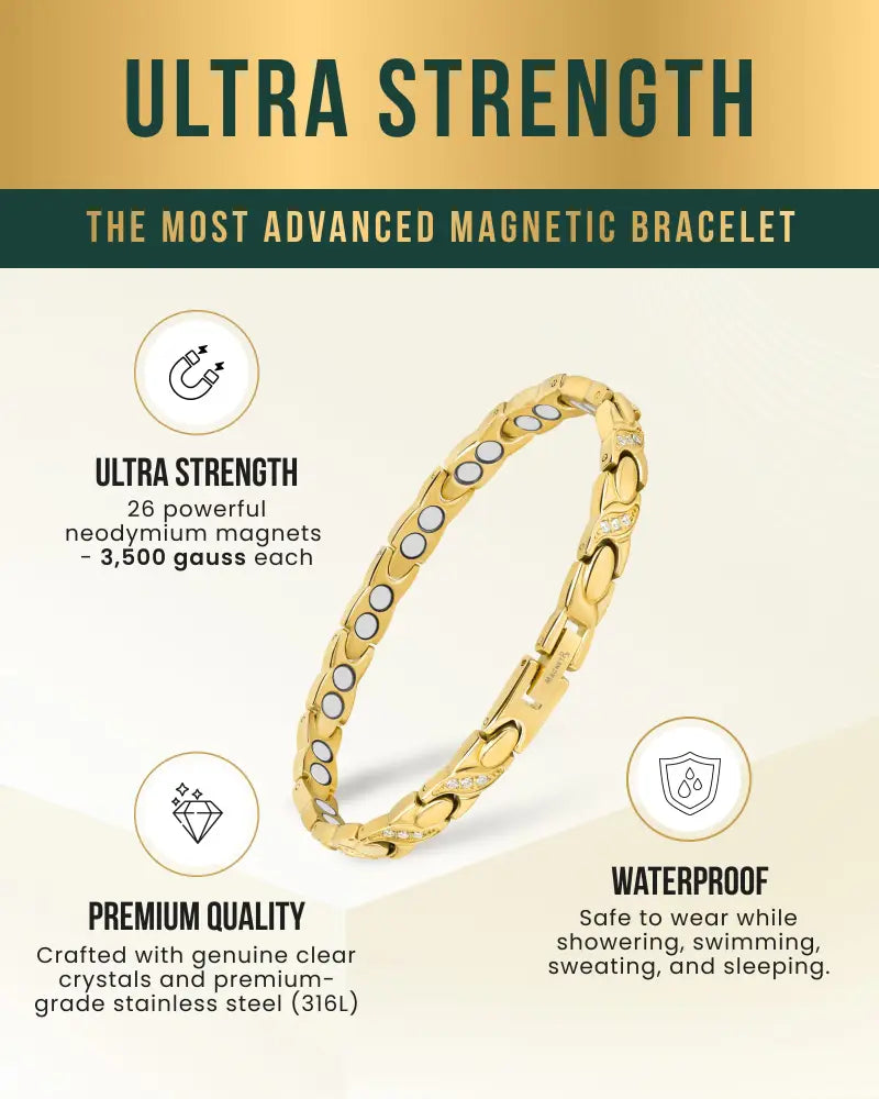 Gold crystal xo magnetic stainless steel bracelet with 26 neodymium magnets and clear crystals in gold color